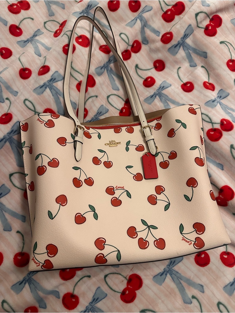 Coach Cream Tote with Red Cherry Print